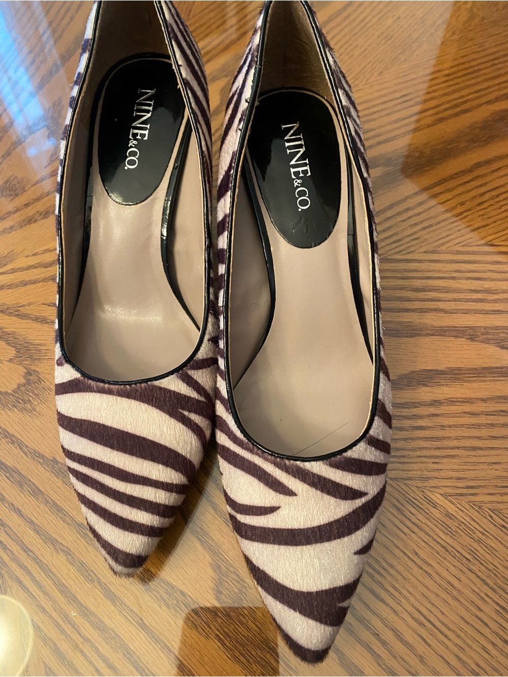 Nine & Co. Pointed Zebra-Print Pumps in Cream & Brown